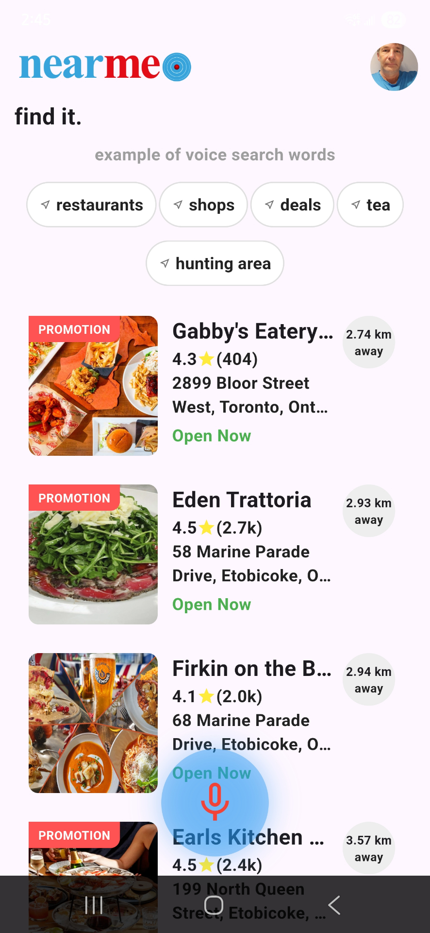 near me® search results showing nearby restaurants with promotions, ratings, and distance